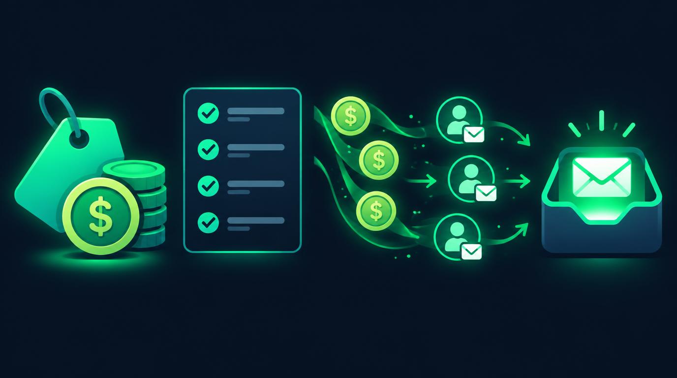 Budget price tag and coins turning into email subscribers flowing into an inbox
