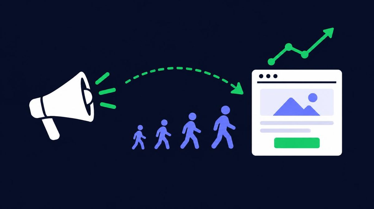 Megaphone ad sending visitors along a green path to a landing page with rising results