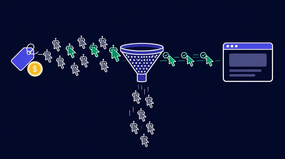 Funnel filtering cheap bot clicks away so only verified human visitors reach the website