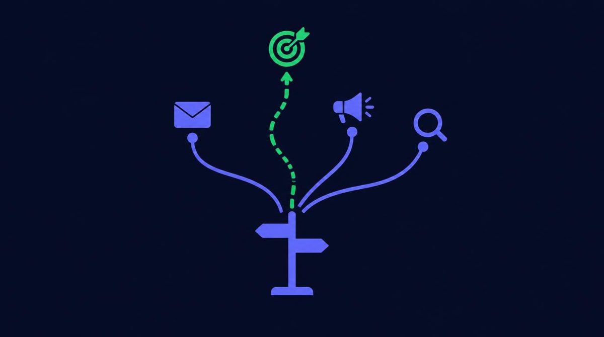 Signpost with email, ad, and search paths, one green route leading to a marketing goal