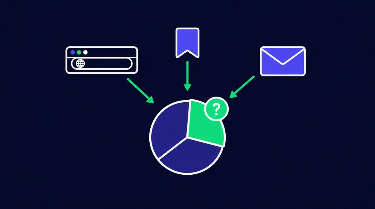 Typed URLs, bookmarks, and email links feeding the unknown direct slice of an analytics chart