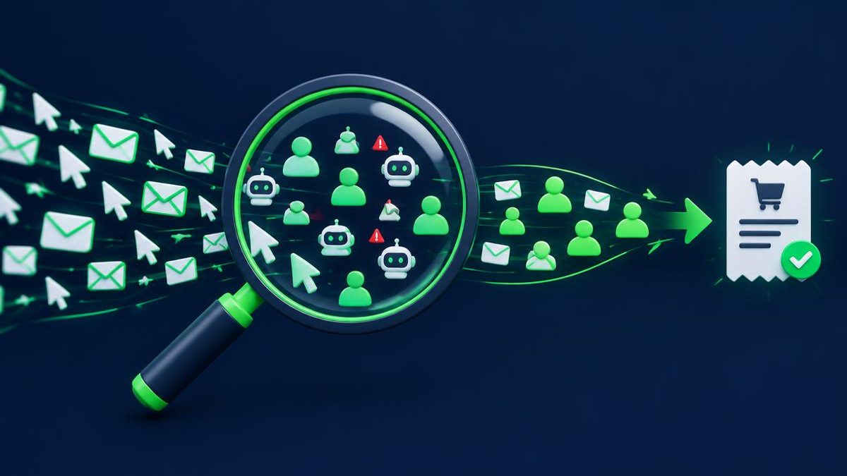 Magnifying glass separates suspicious robot clicks from human visitors in a solo ads funnel