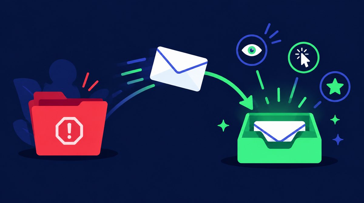 Email moving from a red spam folder into a green inbox, showing how seed engagement helps list builders reach subscribers