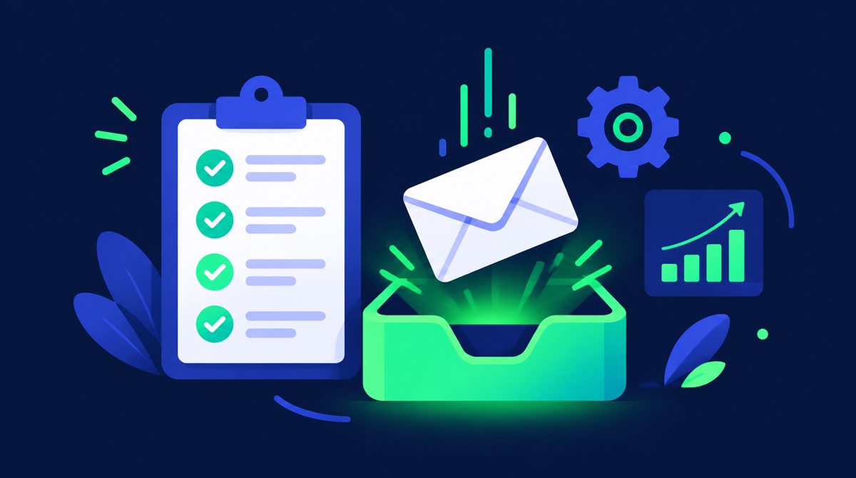 Checklist with green checkmarks beside an email landing in a glowing inbox, a setup plan for InboxAlly users