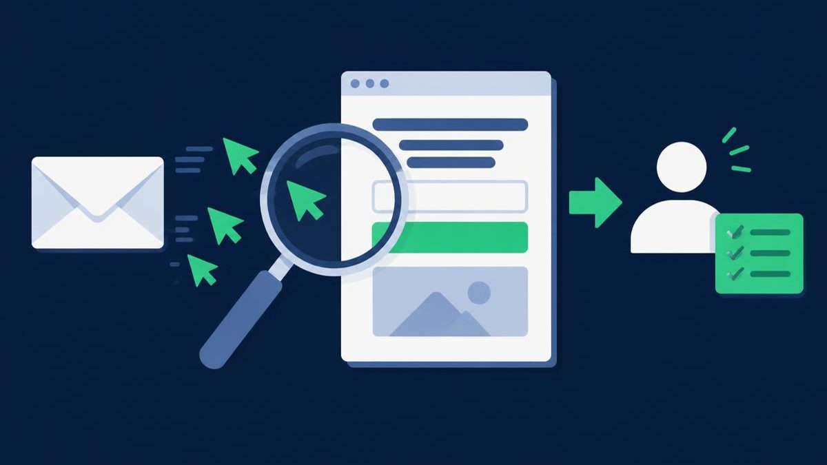 Magnifying glass examines solo ads clicks and a squeeze page beside a subscriber checklist
