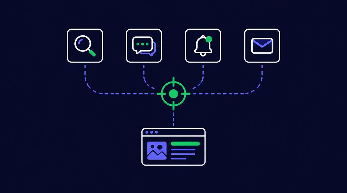 Search, social, push, and email traffic platforms converging on one target and a landing page