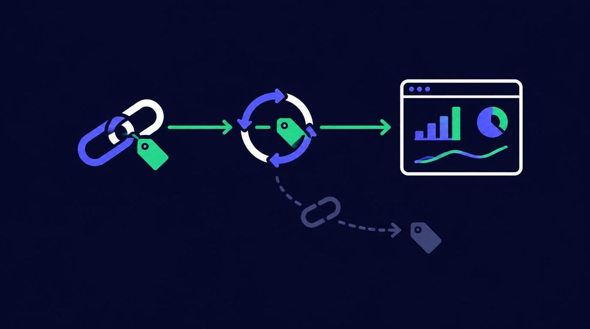 Tagged tracking link passing through a redirect intact to an analytics dashboard while a stripped tag falls away