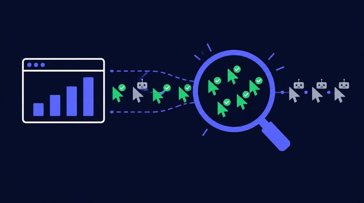 Magnifying glass separating verified human clicks from bot clicks beside an analytics chart