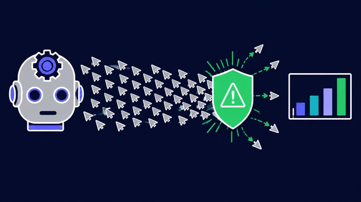 Robot traffic generator flooding fake cursor clicks toward analytics, stopped by a warning shield